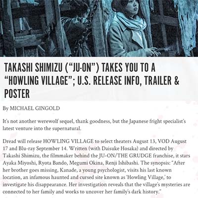 TAKASHI SHIMIZU (“JU-ON”) TAKES YOU TO A “HOWLING VILLAGE”; U.S. RELEASE INFO, TRAILER & POSTER